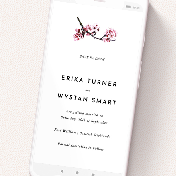 A text message save the date called 'A side of Blossom '. It is a smartphone screen sized save the date in a portrait orientation. 'A side of Blossom ' is available as a flat save the date, with tones of white and pink.