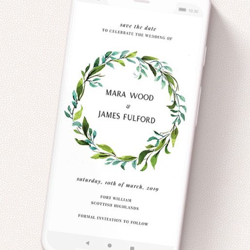 A text message save the date called 'Greek Wreath'. It is a smartphone screen sized save the date in a portrait orientation. 'Greek Wreath' is available as a flat save the date, with tones of blue and green.