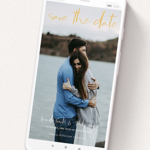 A text message save the date called 'Jagger'. It is a smartphone screen sized save the date in a portrait orientation. It is a photographic text message save the date with room for 1 photo. 'Jagger' is available as a flat save the date, with mainly light orange colouring.