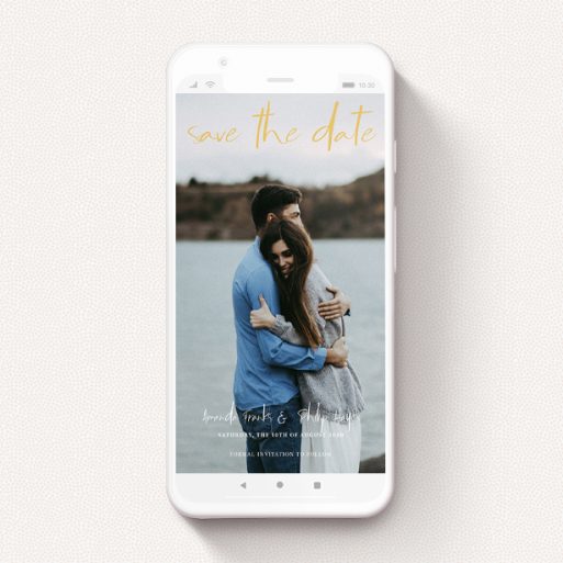 A text message save the date called "Jagger". It is a smartphone screen sized save the date in a portrait orientation. It is a photographic text message save the date with room for 1 photo. "Jagger" is available as a flat save the date, with mainly light orange colouring.