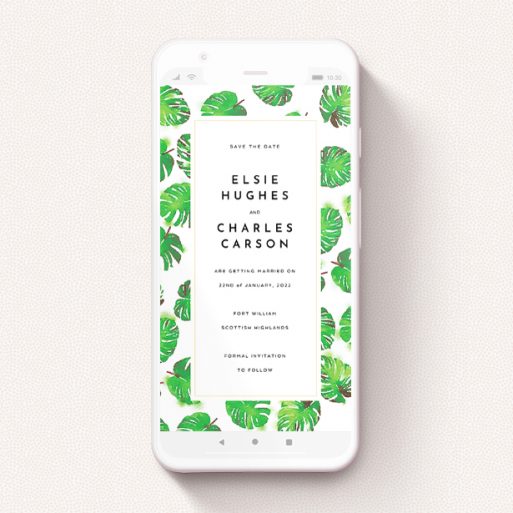 A text message save the date design titled "Jungle Sky". It is a smartphone screen sized save the date in a portrait orientation. "Jungle Sky" is available as a flat save the date, with tones of green and white.