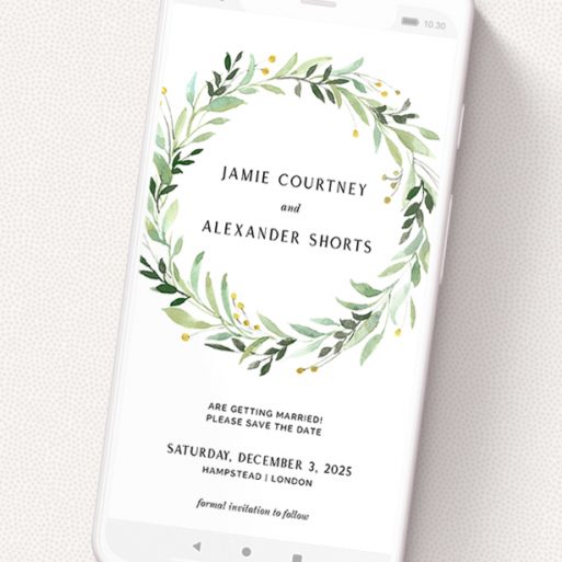 A text message save the date design named 'Light Floral Wreath'. It is a smartphone screen sized save the date in a portrait orientation. 'Light Floral Wreath' is available as a flat save the date, with tones of ice blue, light green and yellow.