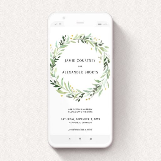A text message save the date design named "Light Floral Wreath". It is a smartphone screen sized save the date in a portrait orientation. "Light Floral Wreath" is available as a flat save the date, with tones of ice blue, light green and yellow.