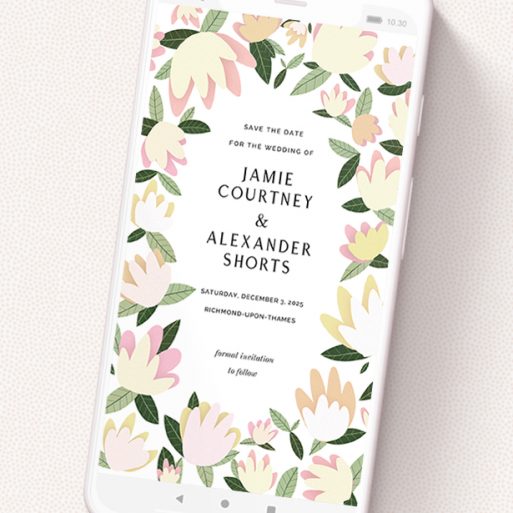A text message save the date design titled 'Modern Floral'. It is a smartphone screen sized save the date in a portrait orientation. 'Modern Floral' is available as a flat save the date, with tones of cream, yellow and light green.