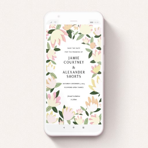 A text message save the date design titled "Modern Floral". It is a smartphone screen sized save the date in a portrait orientation. "Modern Floral" is available as a flat save the date, with tones of cream, yellow and light green.