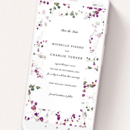 A text message save the date design titled 'Purple Lupine'. It is a smartphone screen sized save the date in a portrait orientation. 'Purple Lupine' is available as a flat save the date, with tones of white and purple.
