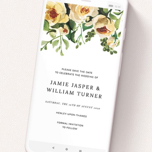 A text message save the date called 'Rose Garden Wall'. It is a smartphone screen sized save the date in a portrait orientation. 'Rose Garden Wall' is available as a flat save the date, with mainly pink colouring.