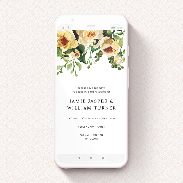 A text message save the date called "Rose Garden Wall". It is a smartphone screen sized save the date in a portrait orientation. "Rose Garden Wall" is available as a flat save the date, with mainly pink colouring.