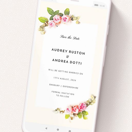 A text message save the date called 'Roses on the corner '. It is a smartphone screen sized save the date in a portrait orientation. 'Roses on the corner ' is available as a flat save the date, with tones of pink, green and cream.