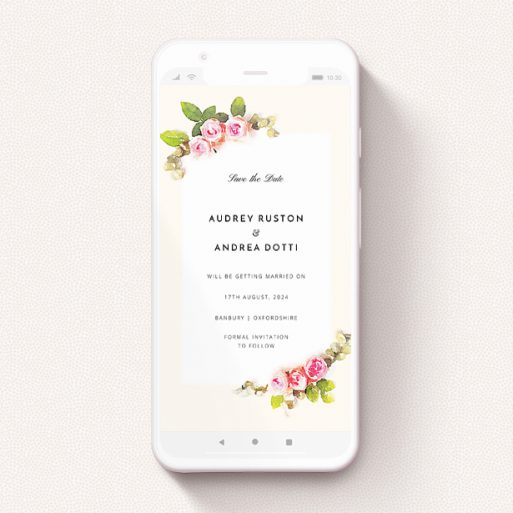 A text message save the date called "Roses on the corner ". It is a smartphone screen sized save the date in a portrait orientation. "Roses on the corner " is available as a flat save the date, with tones of pink, green and cream.