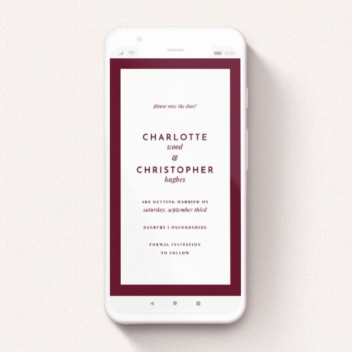 A text message save the date design named "Script Switch Maroon". It is a smartphone screen sized save the date in a portrait orientation. "Script Switch Maroon" is available as a flat save the date, with tones of burgundy and white.