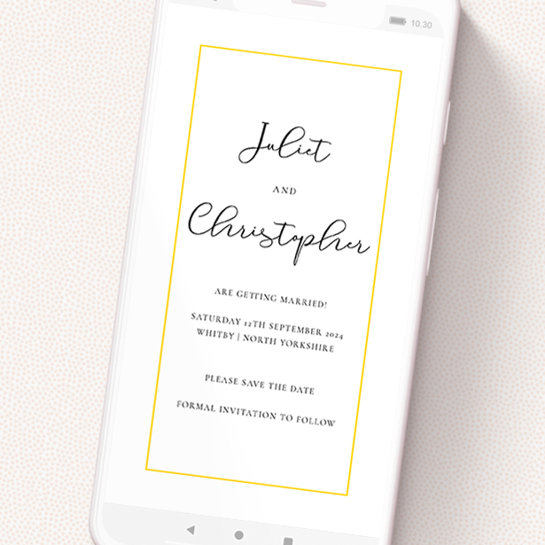 A text message save the date design named 'Simple As'. It is a smartphone screen sized save the date in a portrait orientation. 'Simple As' is available as a flat save the date, with tones of white and yellow.