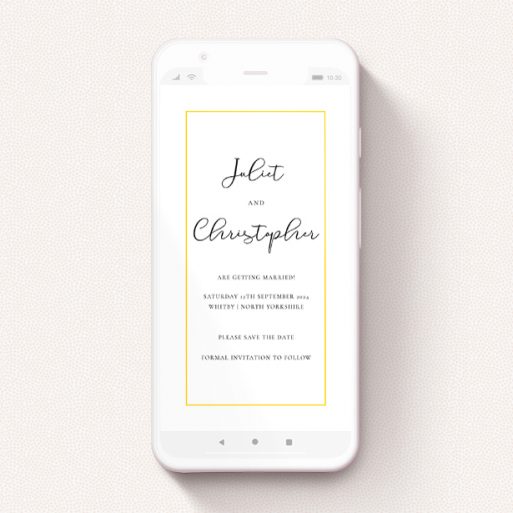 A text message save the date design named "Simple As". It is a smartphone screen sized save the date in a portrait orientation. "Simple As" is available as a flat save the date, with tones of white and yellow.