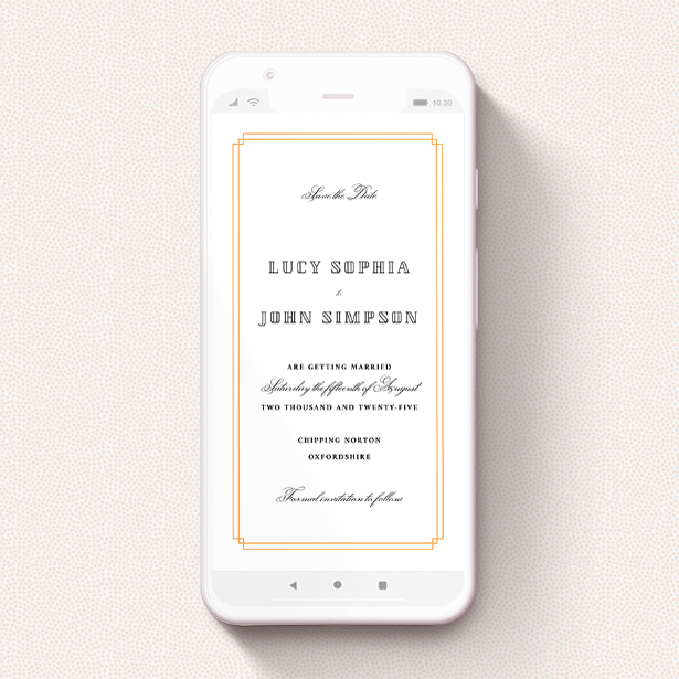 A text message save the date design titled "Simplistic Notch Frame". It is a smartphone screen sized save the date in a portrait orientation. "Simplistic Notch Frame" is available as a flat save the date, with tones of yellow and white.