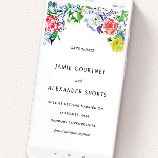 A text message save the date design named 'The flowerbed '. It is a smartphone screen sized save the date in a portrait orientation. 'The flowerbed ' is available as a flat save the date, with mainly green colouring.