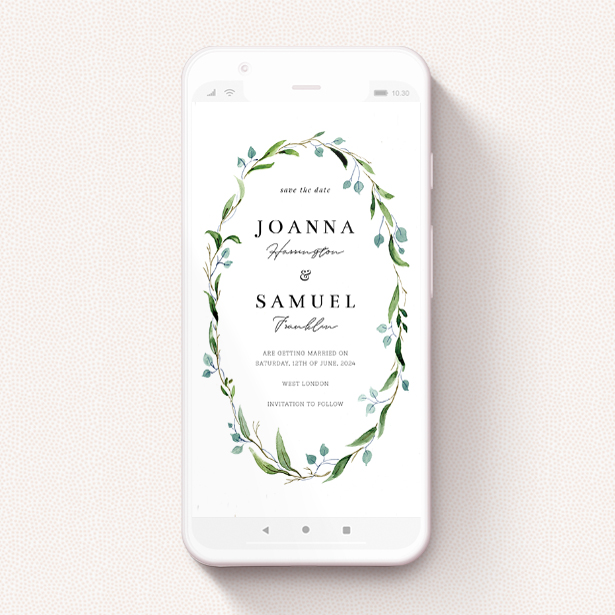 A text message save the date design named "Thin Watercolour Wreath". It is a smartphone screen sized save the date in a portrait orientation. "Thin Watercolour Wreath" is available as a flat save the date, with tones of blue and green.
