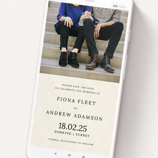 A text message save the date called 'Top and Bottom Cream'. It is a smartphone screen sized save the date in a portrait orientation. It is a photographic text message save the date with room for 1 photo. 'Top and Bottom Cream' is available as a flat save the date, with mainly cream colouring.