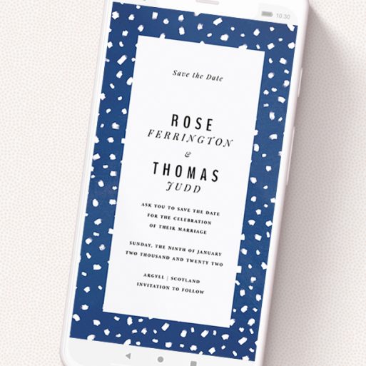A text message save the date called 'White dots'. It is a smartphone screen sized save the date in a portrait orientation. 'White dots' is available as a flat save the date, with tones of blue and white.