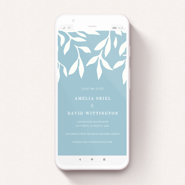 A text message save the date design named "Winter bloom ". It is a smartphone screen sized save the date in a portrait orientation. "Winter bloom " is available as a flat save the date, with tones of blue and white.