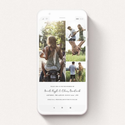 A text message wedding invite called "4 Little Photos". It is a smartphone screen sized invite in a portrait orientation. It is a photographic text message wedding invite with room for 4 photos. "4 Little Photos" is available as a flat invite, with mainly white colouring.