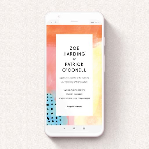 A text message wedding invite design titled "Abstract Colours". It is a smartphone screen sized invite in a portrait orientation. "Abstract Colours" is available as a flat invite, with tones of orange, red and yellow.