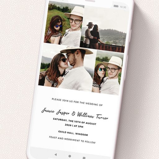 A text message wedding invite design named 'All on top'. It is a smartphone screen sized invite in a portrait orientation. It is a photographic text message wedding invite with room for 4 photos. 'All on top' is available as a flat invite, with mainly white colouring.