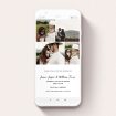 A text message wedding invite design named "All on top". It is a smartphone screen sized invite in a portrait orientation. It is a photographic text message wedding invite with room for 4 photos. "All on top" is available as a flat invite, with mainly white colouring.