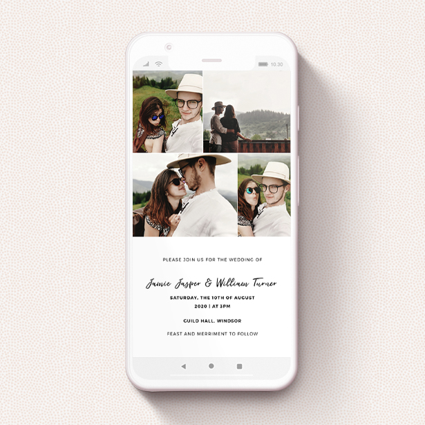 A text message wedding invite design named "All on top". It is a smartphone screen sized invite in a portrait orientation. It is a photographic text message wedding invite with room for 4 photos. "All on top" is available as a flat invite, with mainly white colouring.
