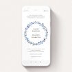 A text message wedding invite design named "Blue Floral Wreath". It is a smartphone screen sized invite in a portrait orientation. "Blue Floral Wreath" is available as a flat invite, with tones of light blue, purple and grey.