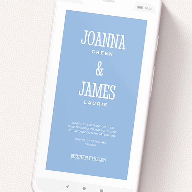 A text message wedding invite called 'Bold border'. It is a smartphone screen sized invite in a portrait orientation. 'Bold border' is available as a flat invite, with tones of blue and white.