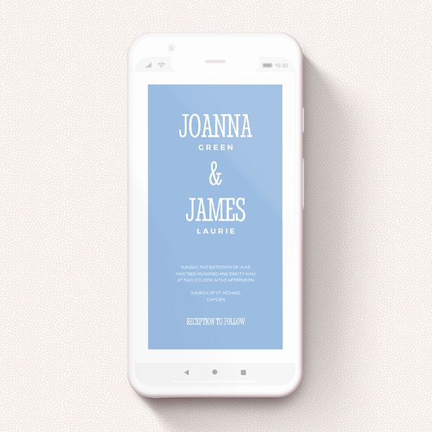 A text message wedding invite called "Bold border". It is a smartphone screen sized invite in a portrait orientation. "Bold border" is available as a flat invite, with tones of blue and white.