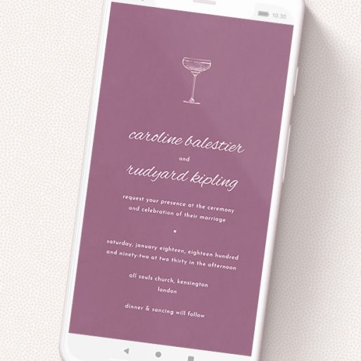 A text message wedding invite design titled 'Coupe '. It is a smartphone screen sized invite in a portrait orientation. 'Coupe ' is available as a flat invite, with mainly purple/dark pink colouring.