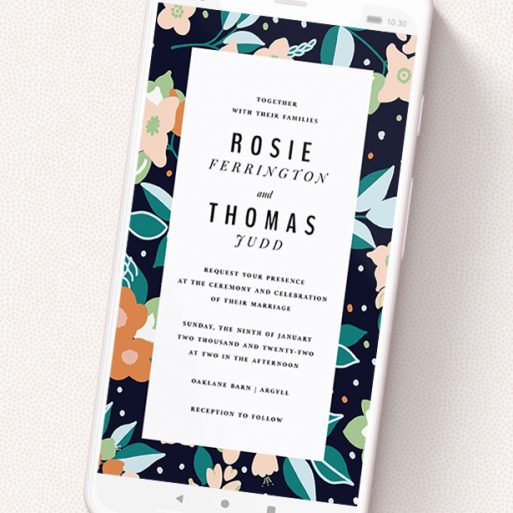 A text message wedding invite design titled 'Dark Garden'. It is a smartphone screen sized invite in a portrait orientation. 'Dark Garden' is available as a flat invite, with tones of navy blue, pink and orange.