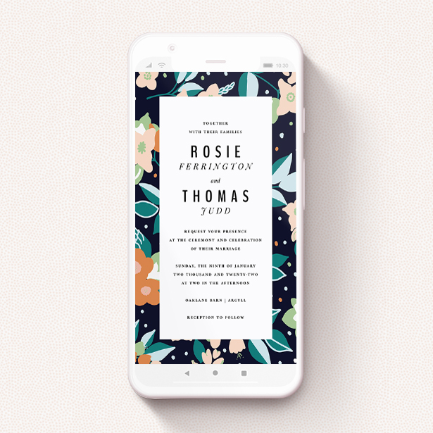 A text message wedding invite design titled "Dark Garden". It is a smartphone screen sized invite in a portrait orientation. "Dark Garden" is available as a flat invite, with tones of navy blue, pink and orange.
