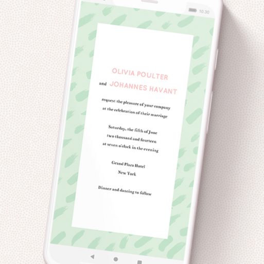 A text message wedding invite called 'Green Strokes '. It is a smartphone screen sized invite in a portrait orientation. 'Green Strokes ' is available as a flat invite, with tones of green and white.