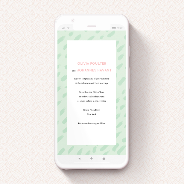 A text message wedding invite called "Green Strokes ". It is a smartphone screen sized invite in a portrait orientation. "Green Strokes " is available as a flat invite, with tones of green and white.