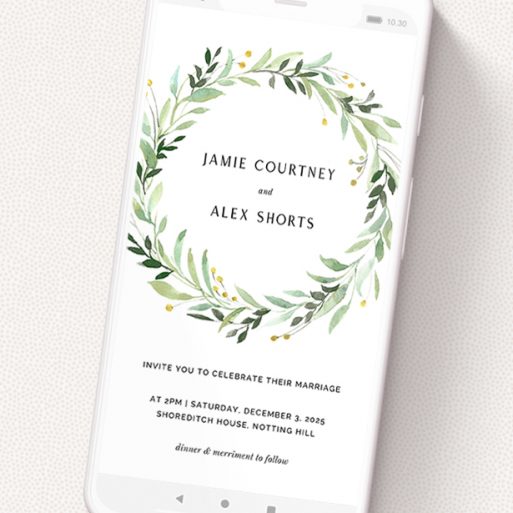 A text message wedding invite called 'Light Floral Wreath'. It is a smartphone screen sized invite in a portrait orientation. 'Light Floral Wreath' is available as a flat invite, with tones of ice blue, light green and yellow.