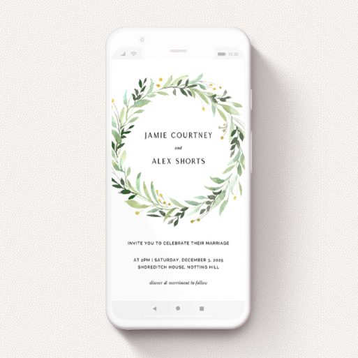 A text message wedding invite called "Light Floral Wreath". It is a smartphone screen sized invite in a portrait orientation. "Light Floral Wreath" is available as a flat invite, with tones of ice blue, light green and yellow.