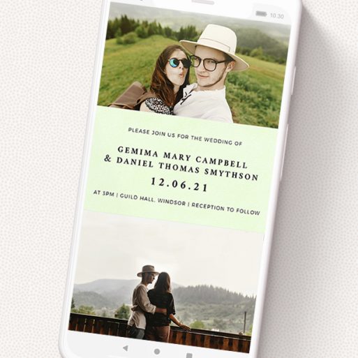 A text message wedding invite called 'Light Green'. It is a smartphone screen sized invite in a portrait orientation. It is a photographic text message wedding invite with room for 2 photos. 'Light Green' is available as a flat invite, with mainly green colouring.