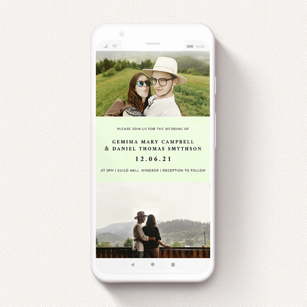 A text message wedding invite called "Light Green". It is a smartphone screen sized invite in a portrait orientation. It is a photographic text message wedding invite with room for 2 photos. "Light Green" is available as a flat invite, with mainly green colouring.