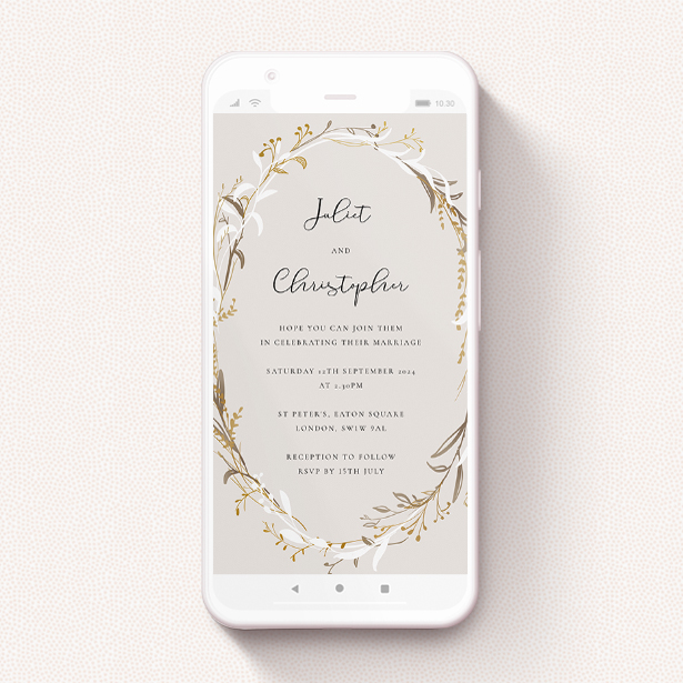 A text message wedding invite design named "Metallic Wreath". It is a smartphone screen sized invite in a portrait orientation. "Metallic Wreath" is available as a flat invite, with tones of dark cream and gold.