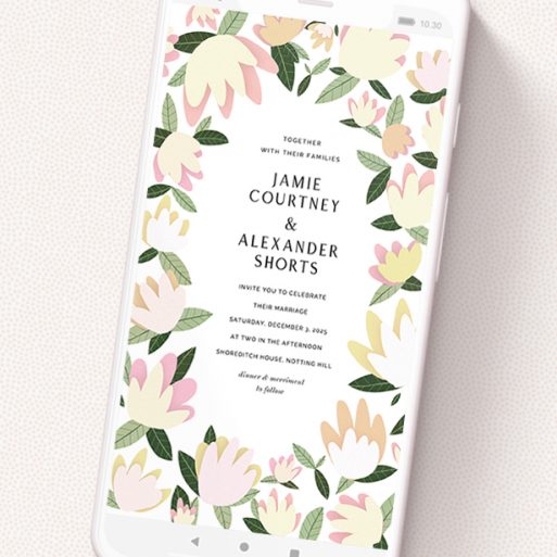 A text message wedding invite design named 'Modern Floral'. It is a smartphone screen sized invite in a portrait orientation. 'Modern Floral' is available as a flat invite, with tones of cream, yellow and light green.