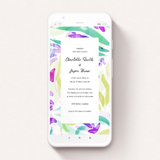 A text message wedding invite design named "Neon Florals". It is a smartphone screen sized invite in a portrait orientation. "Neon Florals" is available as a flat invite, with tones of white, green and yellow.