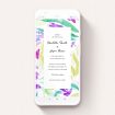 A text message wedding invite design named "Neon Florals". It is a smartphone screen sized invite in a portrait orientation. "Neon Florals" is available as a flat invite, with tones of white, green and yellow.