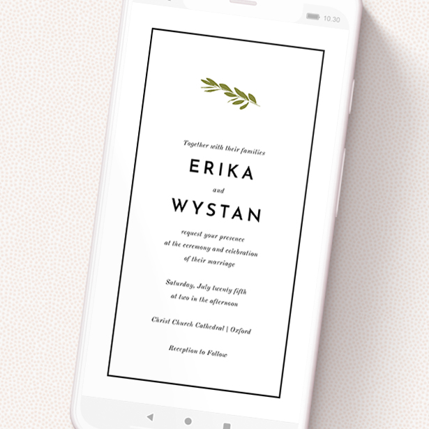 A text message wedding invite design named 'Olive branch stamp'. It is a smartphone screen sized invite in a portrait orientation. 'Olive branch stamp' is available as a flat invite, with mainly green colouring.