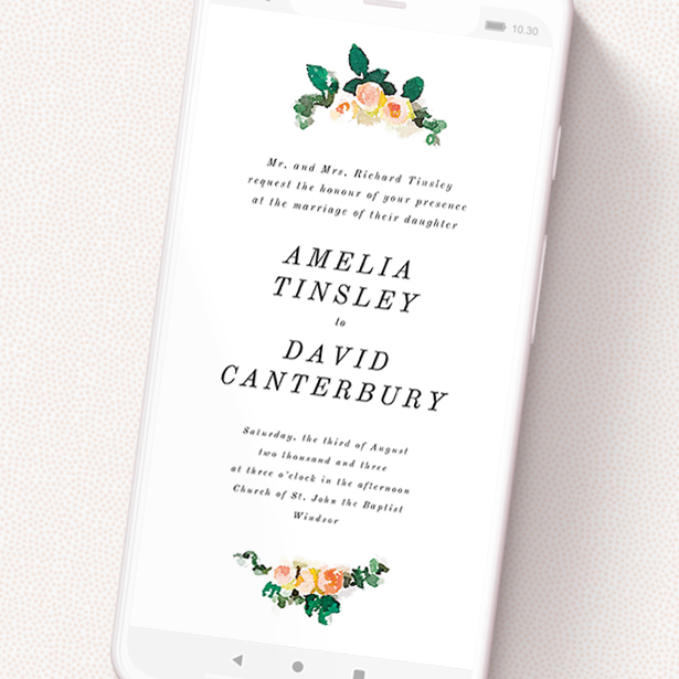 A text message wedding invite design titled 'Rose bouquet '. It is a smartphone screen sized invite in a portrait orientation. 'Rose bouquet ' is available as a flat invite, with tones of white and green.