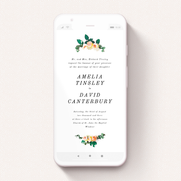 A text message wedding invite design titled "Rose bouquet ". It is a smartphone screen sized invite in a portrait orientation. "Rose bouquet " is available as a flat invite, with tones of white and green.