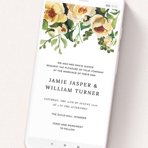 A text message wedding invite design titled 'Rose Garden Wall'. It is a smartphone screen sized invite in a portrait orientation. 'Rose Garden Wall' is available as a flat invite, with mainly pink colouring.