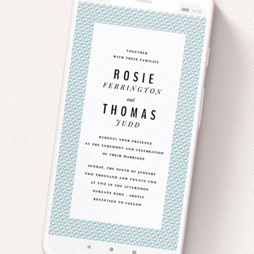 A text message wedding invite called 'Sealions'. It is a smartphone screen sized invite in a portrait orientation. 'Sealions' is available as a flat invite, with tones of blue and pink.