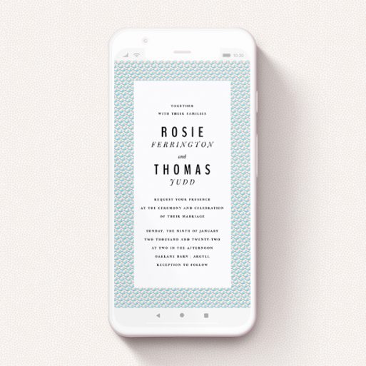 A text message wedding invite called "Sealions". It is a smartphone screen sized invite in a portrait orientation. "Sealions" is available as a flat invite, with tones of blue and pink.